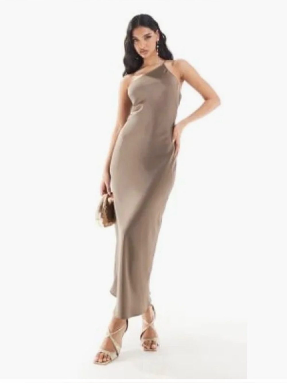 ARIA COVE  one shoulder low back satin maxi dress in mocha-Brown